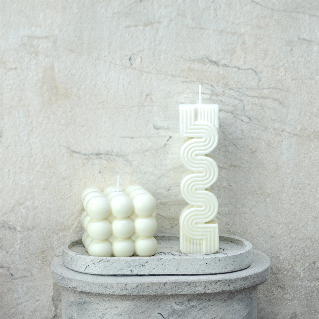 Coffret de bougies décoratives cire de soja, plateau jesmonite marbre gris - May26