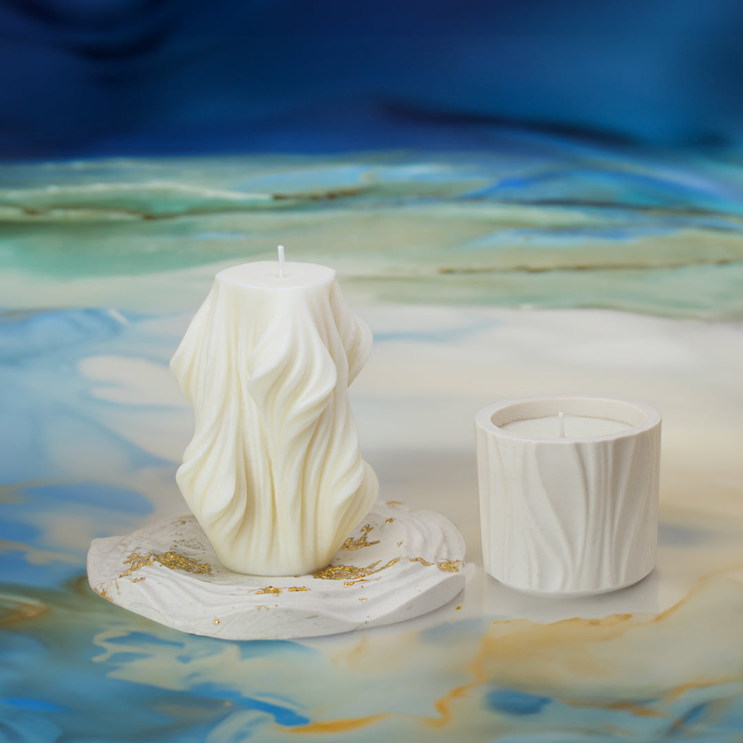 bougie décorative en cire de soja, plateau jesmonite blanc, bougie parfumée - May26