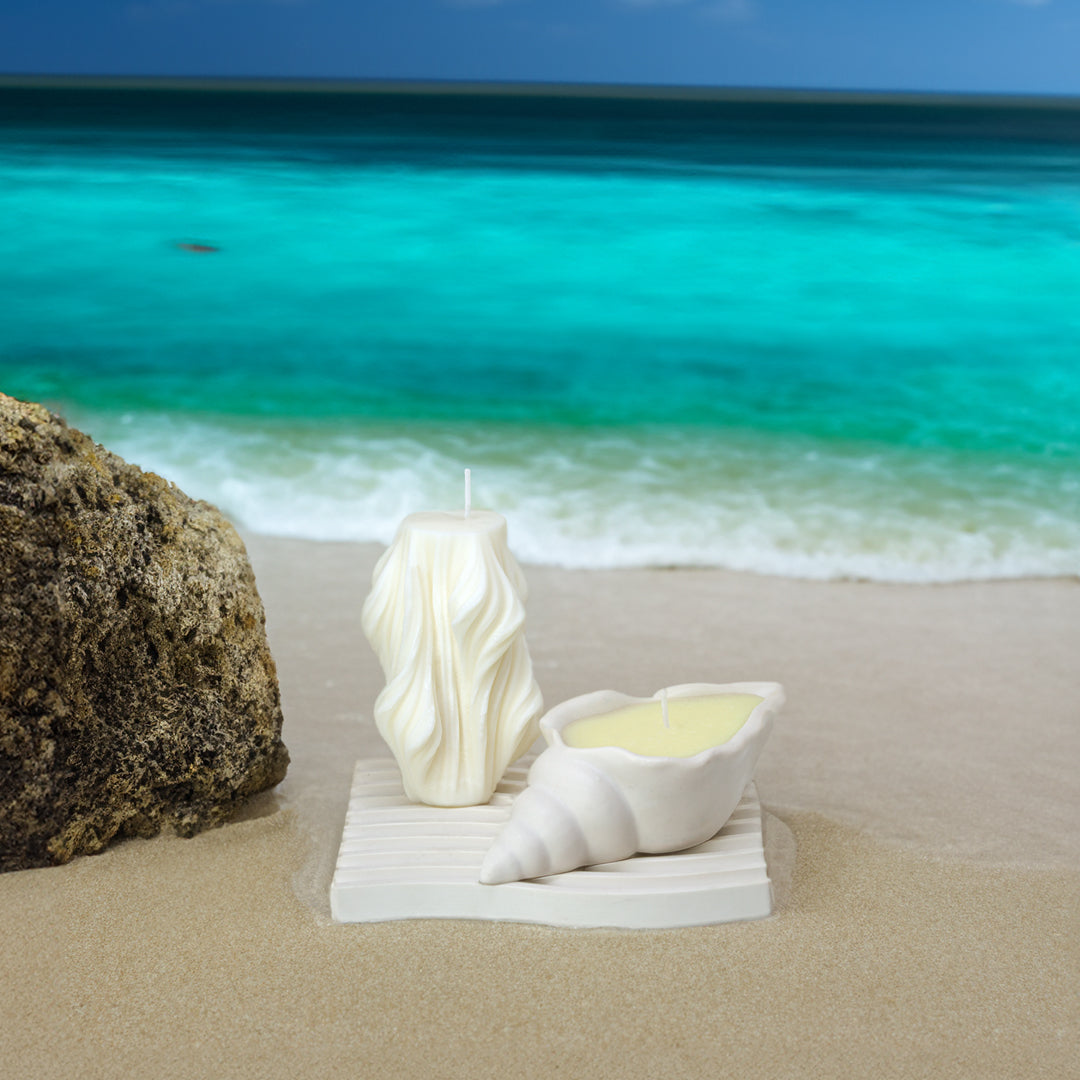 Bougies décoratives en cire de soja, plateau carré en jesmonite blanc, bougie parfumée coquillage - May26