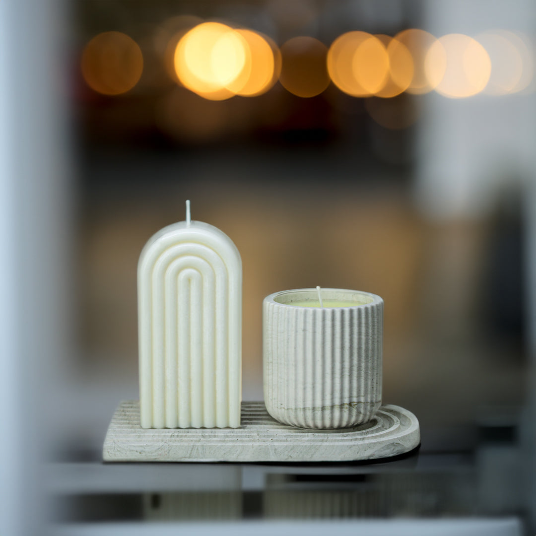 coffret de bougies décoratives cire de soja, plateau en jesmonite marbre doré, bougie parfumée - May26